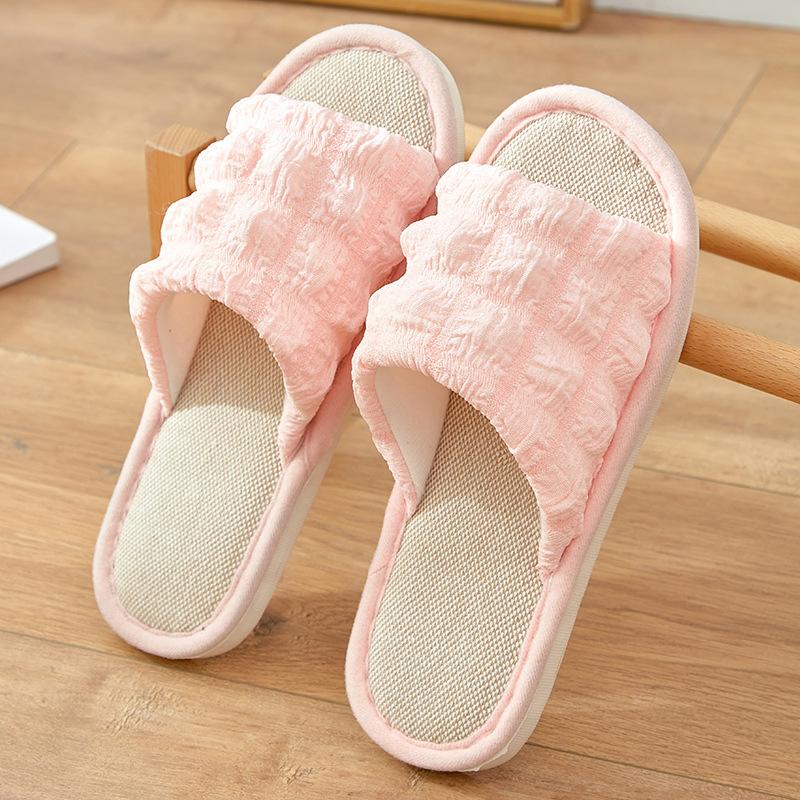 Four seasons linen slippers women's puffs summer cute home indoor non-slip silent sweat-absorbing spring and autumn cotton and linen sandals women