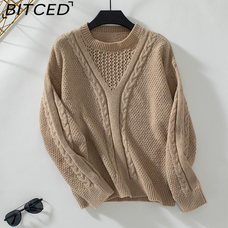 

BITCED Solid Color Openwork Pullover Sweater for Women Autumn/Winter Vintage Twisted Knot Knitwear XL хаки