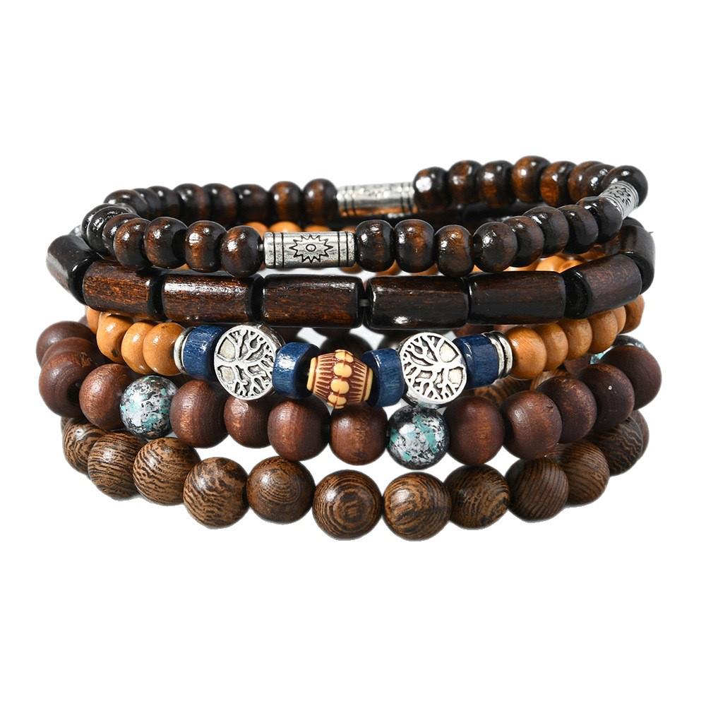 Bohemian Style Handmade Beaded Tree of Peace Bracelet Set - 5-Piece Elastic Cord Men's Wooden Beads