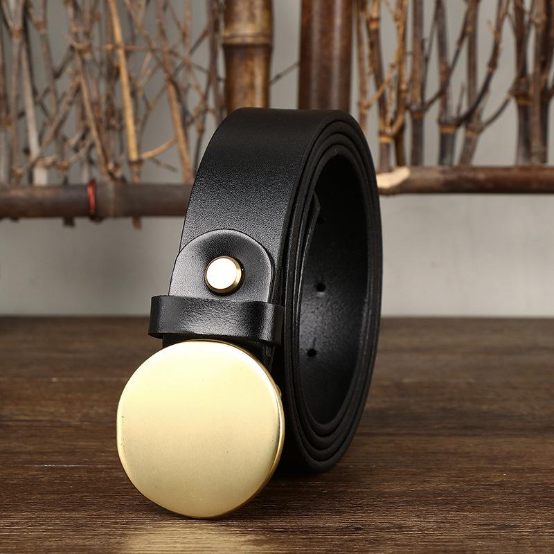 First Layer Cowhide Belt Men's Leather Smooth Round Buckle Belt Men's Korean Style Retro Easy Matching Buckle Fashion