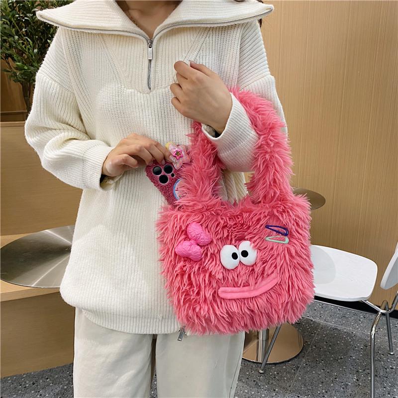 Geantă de umăr drăguță din pluș cu desene animate pentru toamnă/iarnă - Capacitate mare pentru studenți
