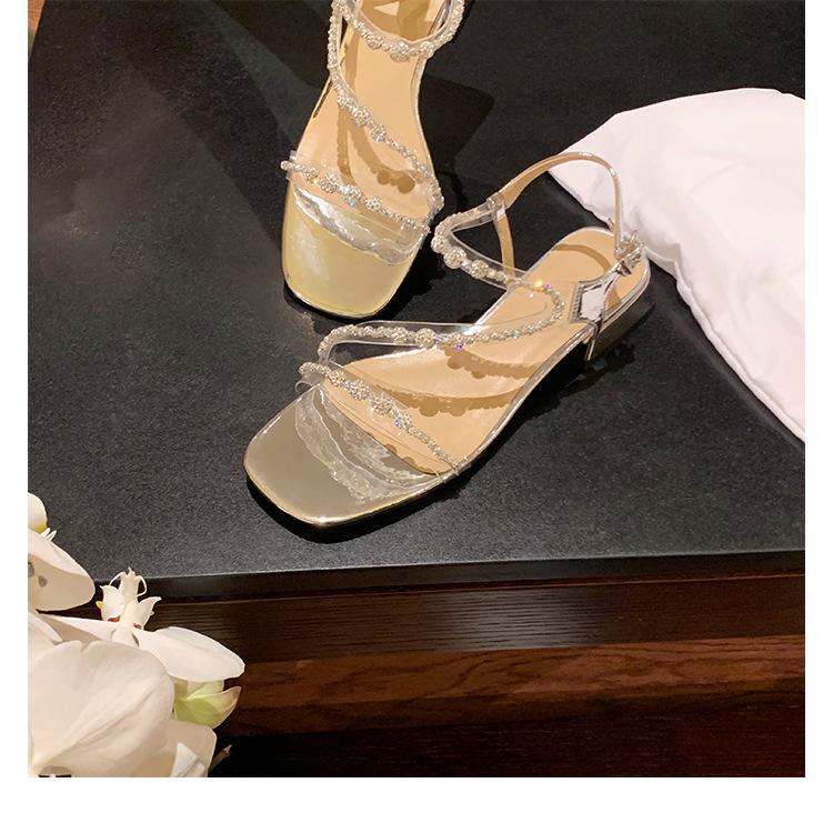 Grape mother studiolee square head flash diamond word with high heels thick heel sandals women's 2025 new summer