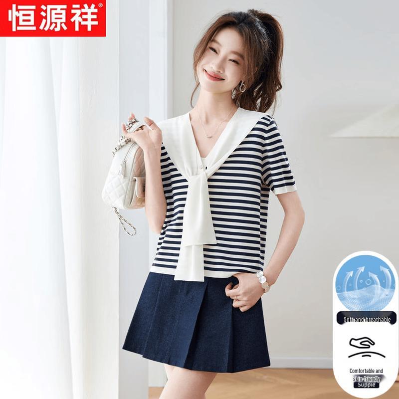 Hengyuanxiang Women s Striped Faux Two-Piece Short-Sleeve T-Shirt XL
