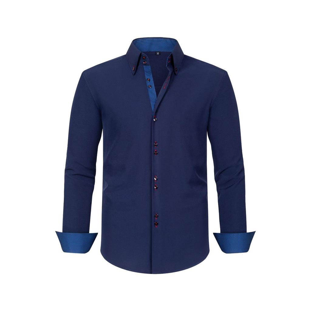 Cross-Border Men's Double-Breasted Polka Dot Color Block Stretch Shirt