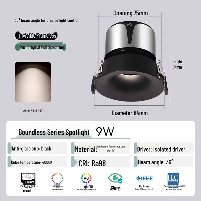 NVC Lighting Frameless LED Spotlight - Anti-Glare, Full Spectrum, Wall Washer, Recessed for Living Room