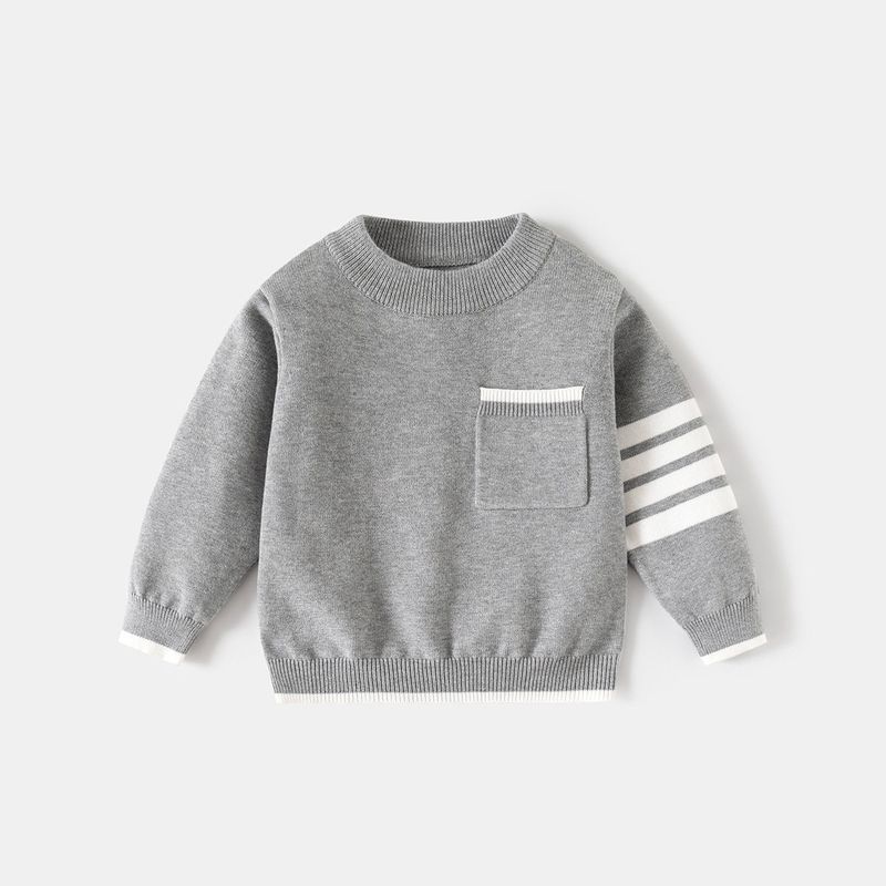 Boys' Classic Striped Crew Neck Sweater, Color-Blocked Small Pocket Knit Top for Toddlers and Young Children, Spring and Autumn Pullover for Kids
