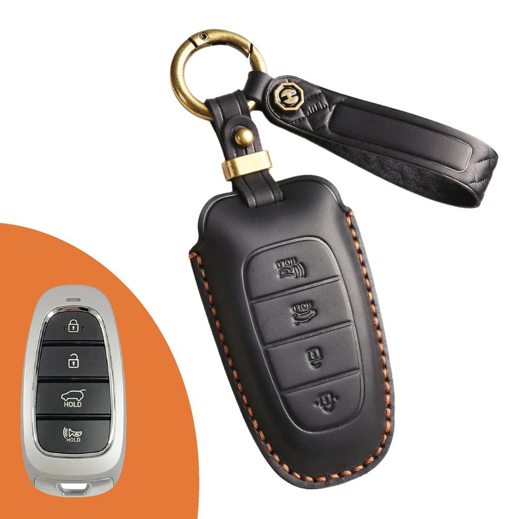 Leather Car Key Case Cover Fob Protect for Hyundai 3/4/5/7 Buttons Top Layer Leather