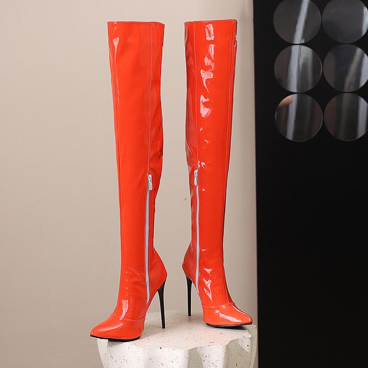 

Модные новые сапоги выше колена сладких конфетных цветов на высоком каблуке 12 см, женские модные сапоги-чулки на стальной трубке для танцев, с острым носком и тонким каблуком, размеры 35-48 39