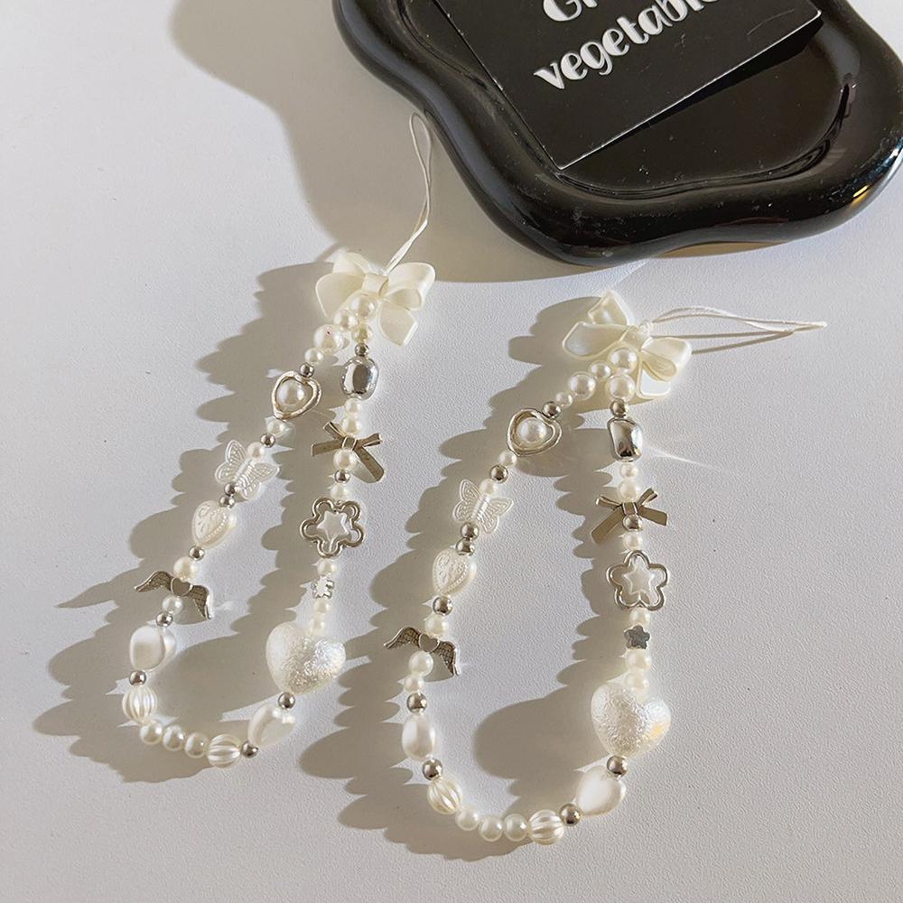 INS Korean Cute White Bow Heart Pearl Beads Beaded Phone Chain For iPhone Camera Hanging Rope Anti-Lost Lanyard Hanging Jewelry 1