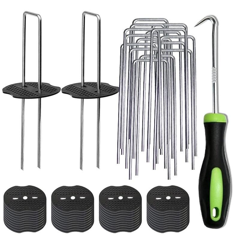 101Pcs Garden Stakes Set 50 U-Shaped Staples Pegs 50 Fixing Gaskets 1 Pick Hook