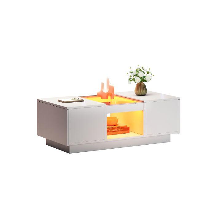 Table basse blanche 100x50x35,5 cm - avec couvercle en verre, éclairage LED, 2 tiroirs et 1 compartiment ouvert