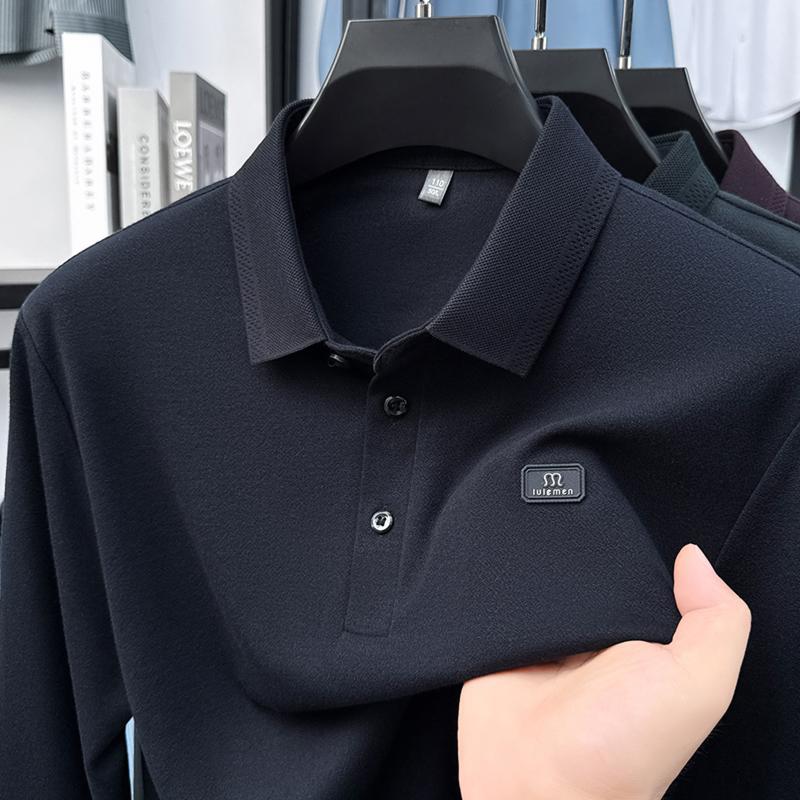 

Оригинальный дизайн Качественная мужская рубашка поло Изысканный вязаный воротник Длинный рукав Осенняя футболка с лацканами Деловая Модная мужская одежда Топ 4XL темно-синий