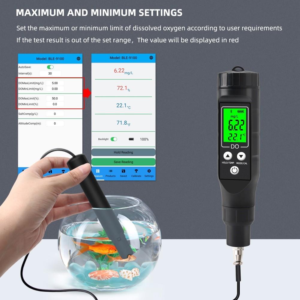 Portable Smart Bluetooth Dissolved Oxygen Meter Digital Dissolved Oxygen Analyzer 0.0-40.0mg/L Dissolved Oxygen Detector