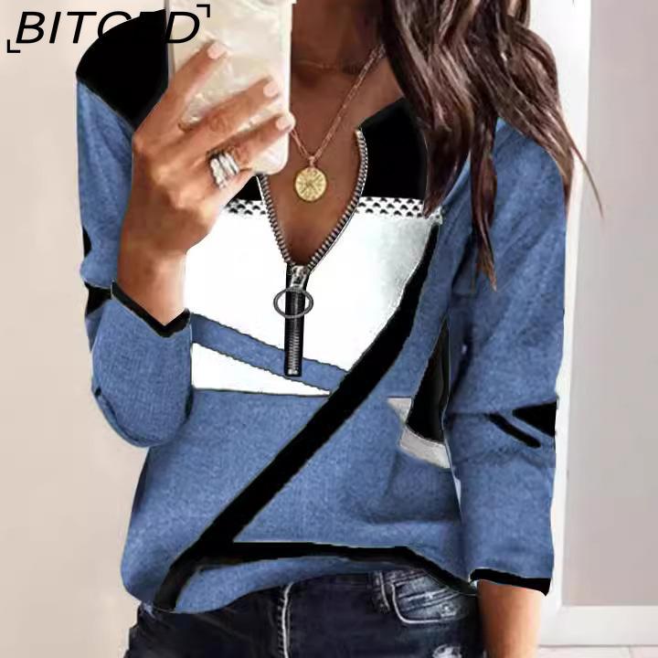 

BITCED Spring/Autumn Women s Shirt Trendy Printed Zip-Up Long-Sleeved T-Shirt XXXXXL синій