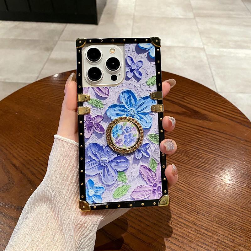 

For iPhone 14 Pro Max Case Oil Painting Flower PC+TPU Kickstand Phone Cover Purple