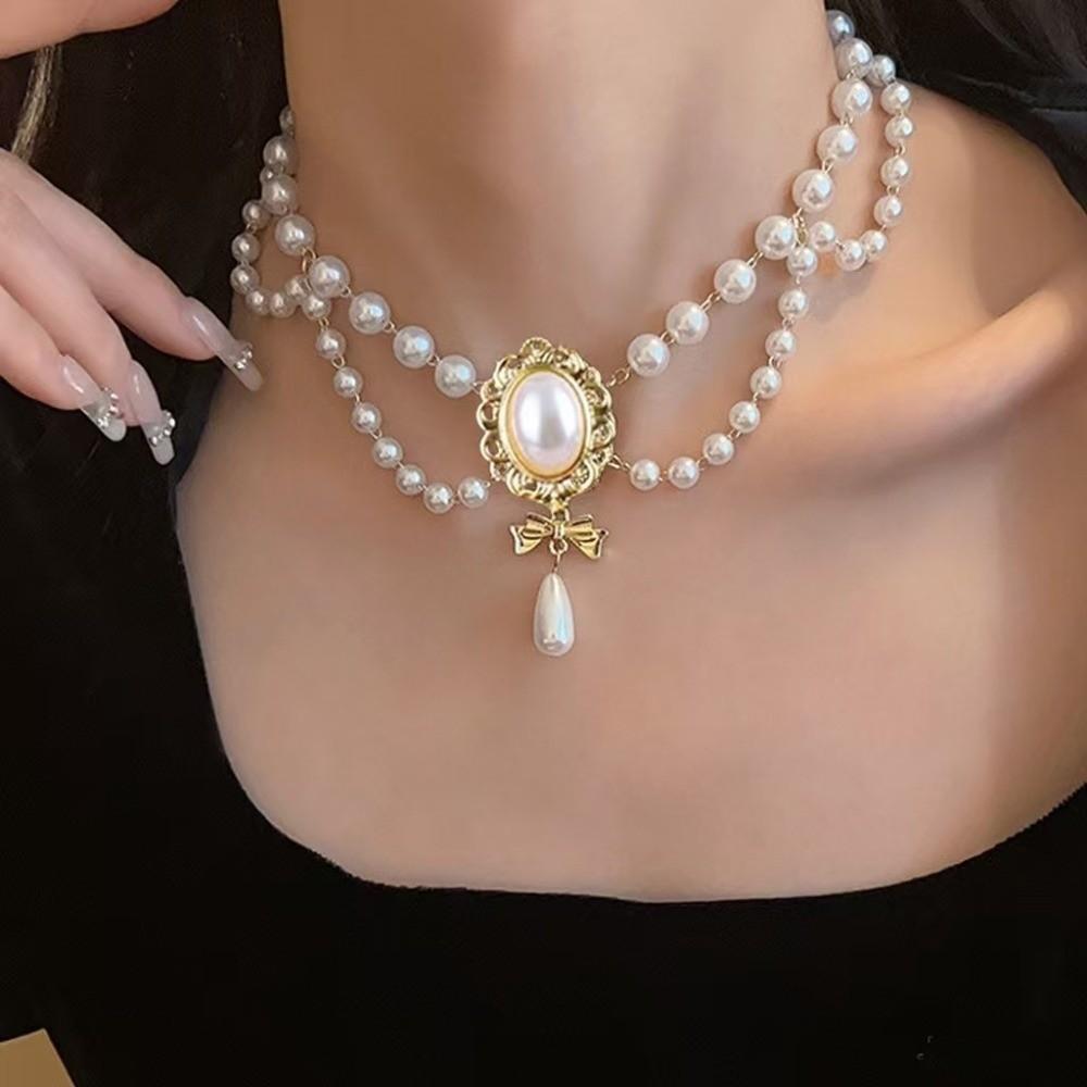 Bowknot Pendant Imitation Pearl Necklace Palace Style Bridal Jewelry Accessories  Gift S