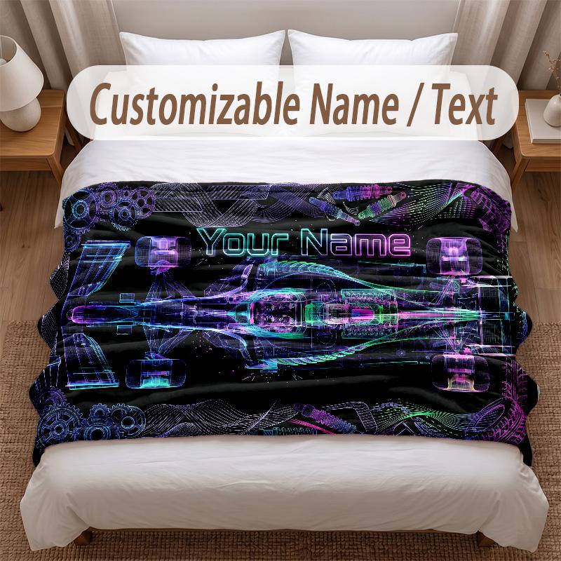 Car Racing Theme Soft Blanket Personalized Custom Name Text Print Warm Blanket Home Sofa Bedroom Decor