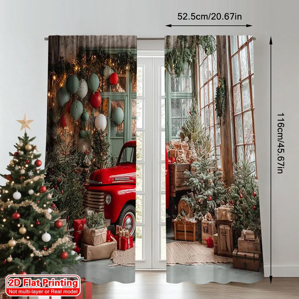 2pcs 2D flat printing Christmas Curtain Vintage red car Christmas tree 100% Polyester Without Electricity Versatile for Po