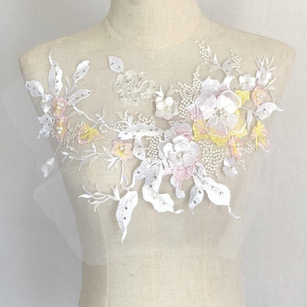 Mesh Bottom Floral Embroidered Patches Pearl Stamen 3D Flower Dress Stickers DIY Clothing Applique Clothing Decorative Patches