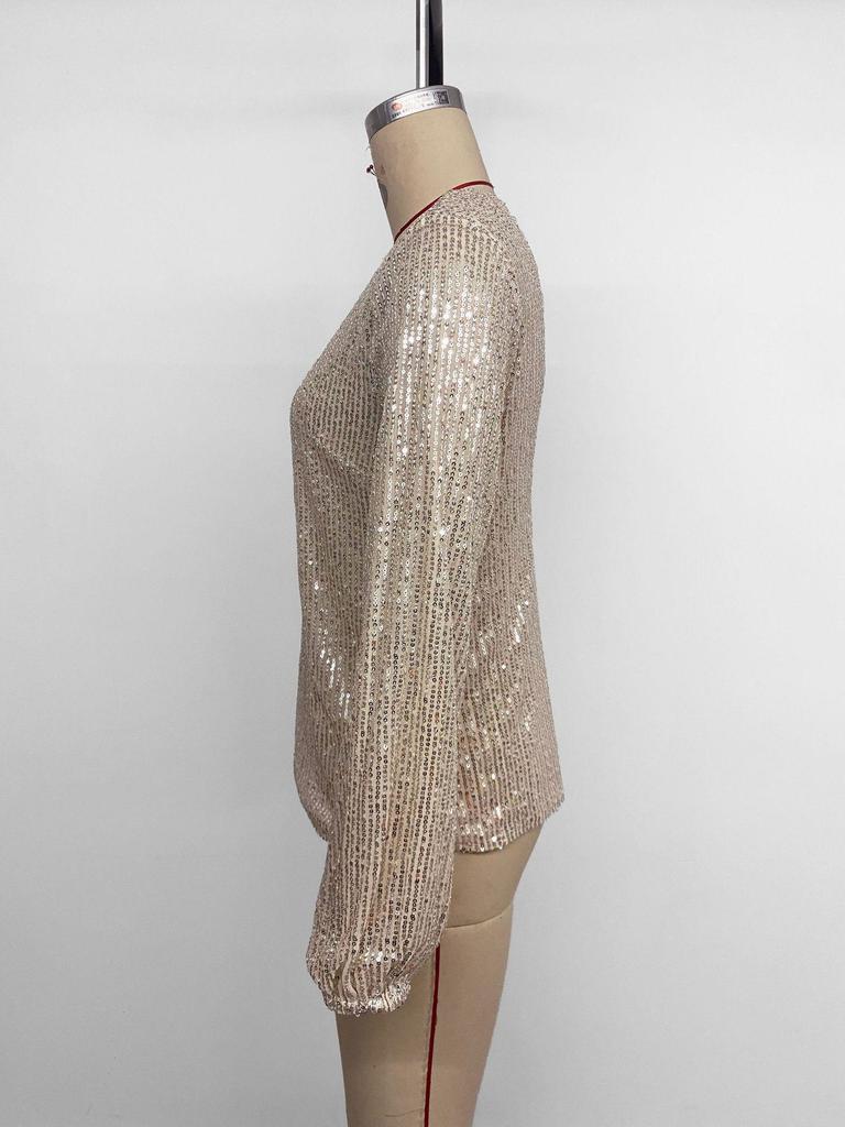 European Style 2025: Women's Elegant Sequin Party Shirt with Round Neck and Backless Design