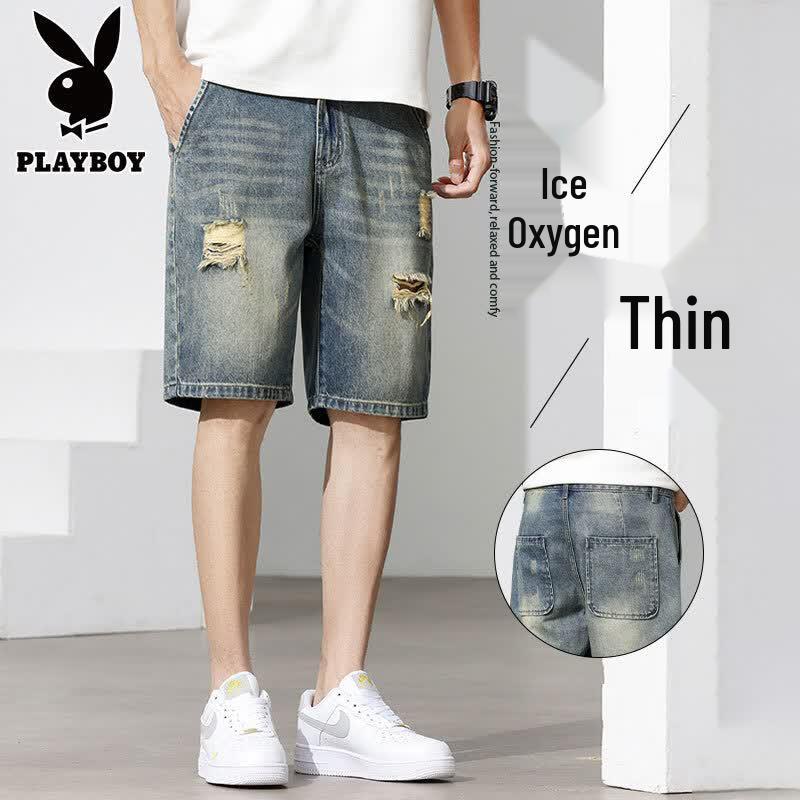 PLAYBOY Men s Slim Fit Ripped Denim Shorts 33