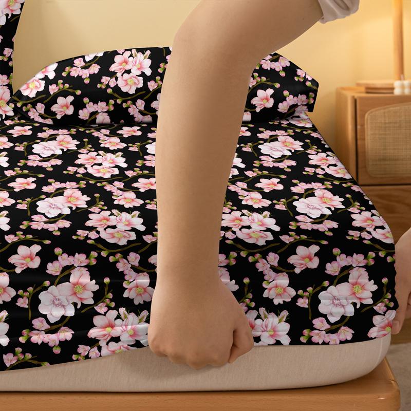 1 Simple Modern Plant Flower  Printed Matte Fitted Sheet, Bedroom Printed Bed Cover, Bedding (Excluding Pillowcases)