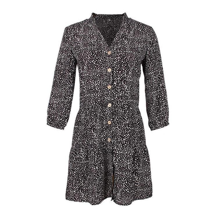 Women Summer Casual V-neck Mini Dress Three Quarter Sleeve Single Breasted Print Above Knee Sizes S-XL Black White Burgundy