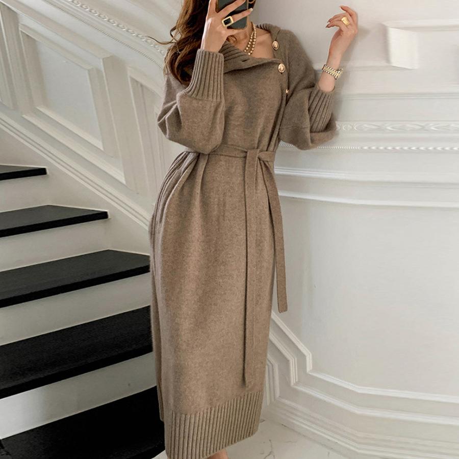 Autumn New French Style Matching Coat Inner Sweater Long Over-Knee Knit Dress for Women