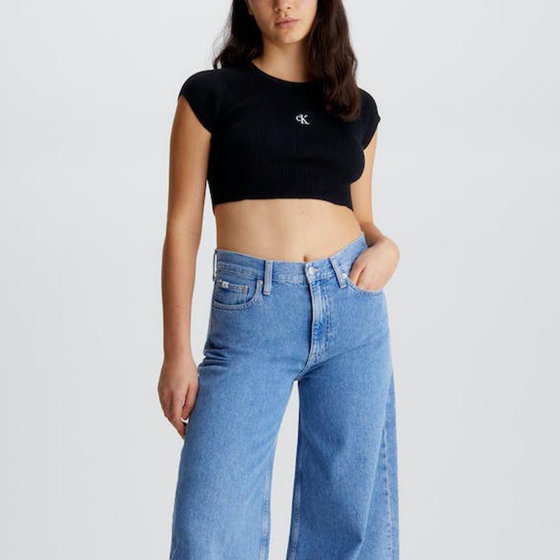 Calvin Klein Logo Print Back Hollow Round Neck Short Sleeve Knit Women T-Shirts Black J20J220709-BEH