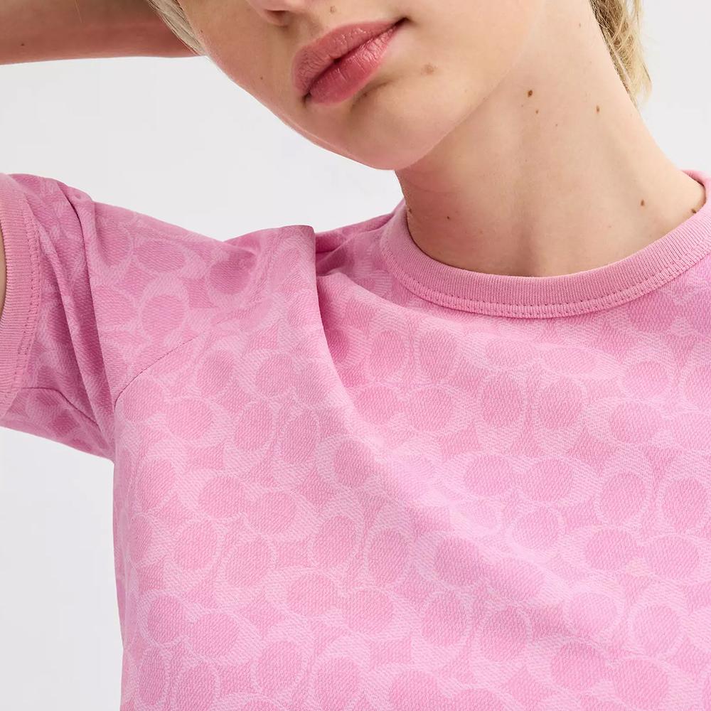 Coach Logo Pattern All Over Print Round Neck Short Sleeve T-Shirt Women Tops Pink CS611-VQ4
