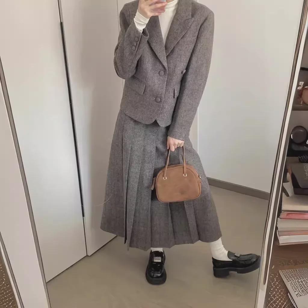 Chic Herringbone Wool Short Coat and Pleated Skirt Set for Women