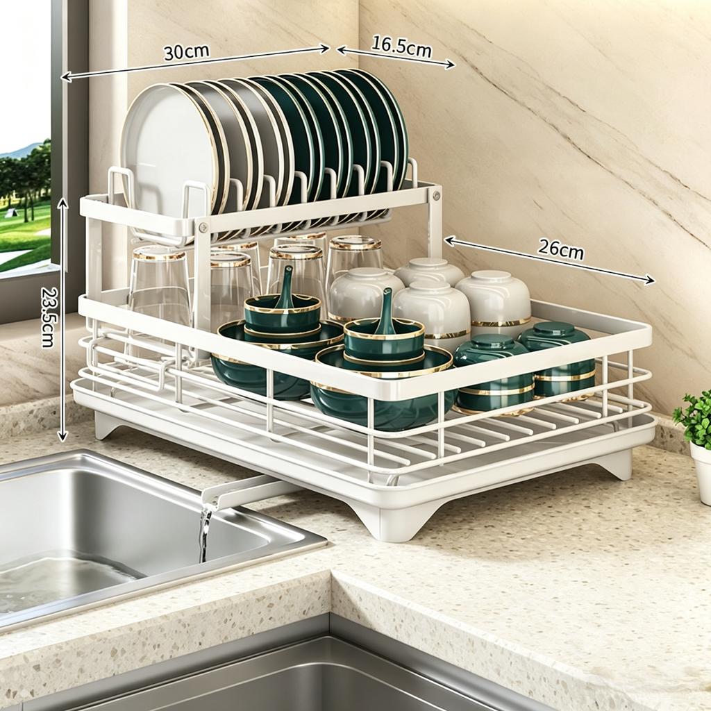 Extendable 1-Tier Metal Dish Drying Rack, Large Capacity Utensil Holder with Drain Board for Kitchen Counter