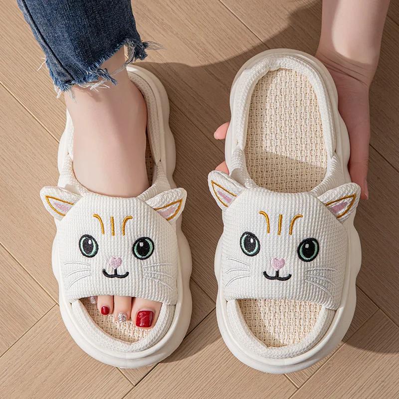 Fashion 2025Cat Couple Women Slippers Fashion Breathable Indoor House Slippers Sweat-absorbing Linen Antiskid Comfort Casual Slippers