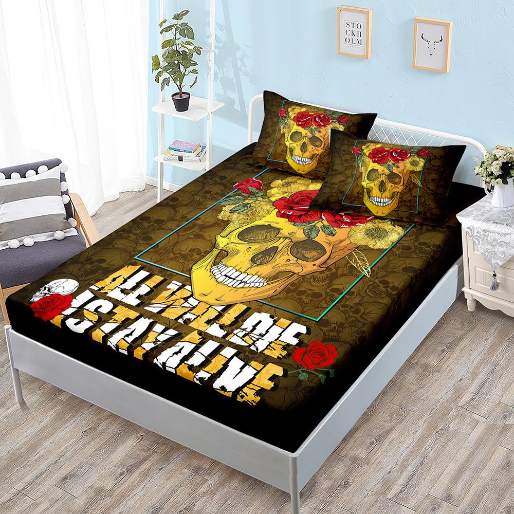 Skull Mattress Three-Piece Set, Bedspread, Pillowcase, Mattress Protective Cover, Dust-Proof And Non-Slip.