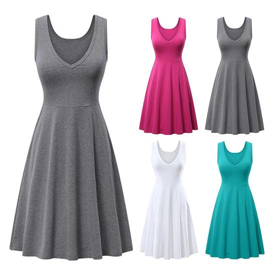 Frauen Kleid V-Ausschnitt ärmellos A-Linie locker Saum große Schaukel reine Farbe hohe Taille OL