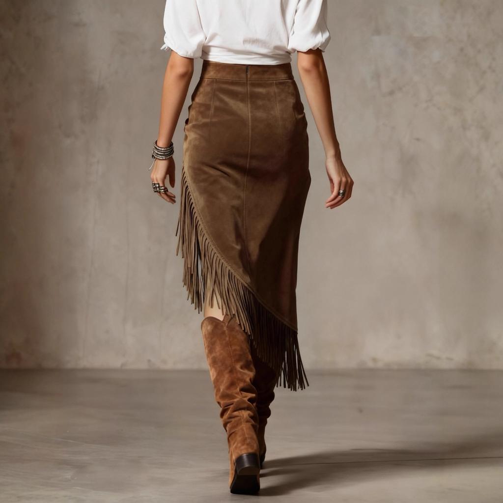 Fashion Ladies Vintage Tassel Hem Irregular Suede Skirt Skirt