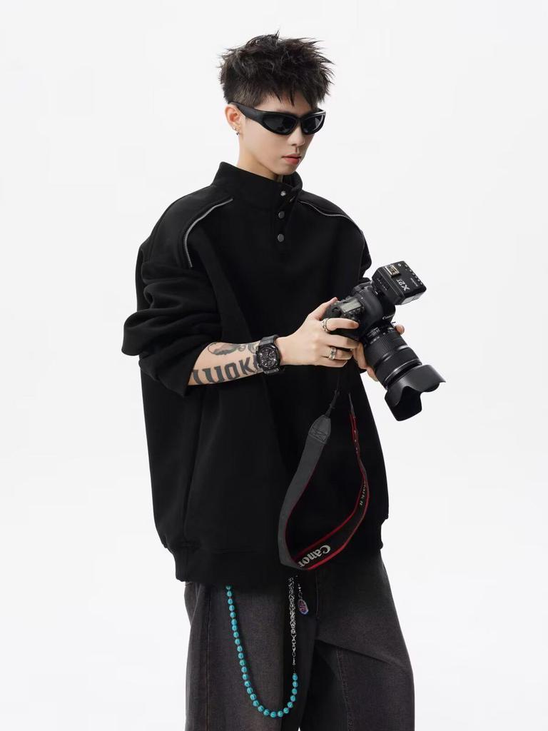 Men's Loose-Fit Streetwear Hoodie: High-End Patchwork Stand-Up Collar, Spring/Autumn Casual Jacket