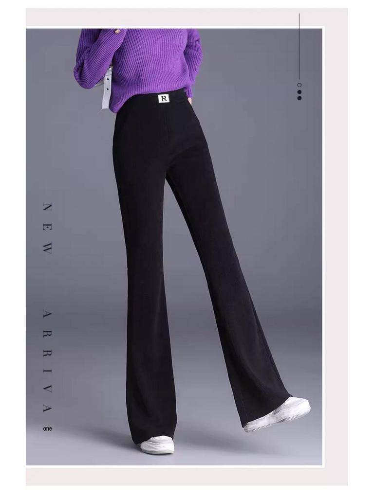 Damskie spodnie sztruksowe z wysokim stanem i aksamitną podszewką – Rozmiar plus, Luźne, Wyszczuplające, Lekko rozszerzane, Długie spodnie na jesień/zimę.