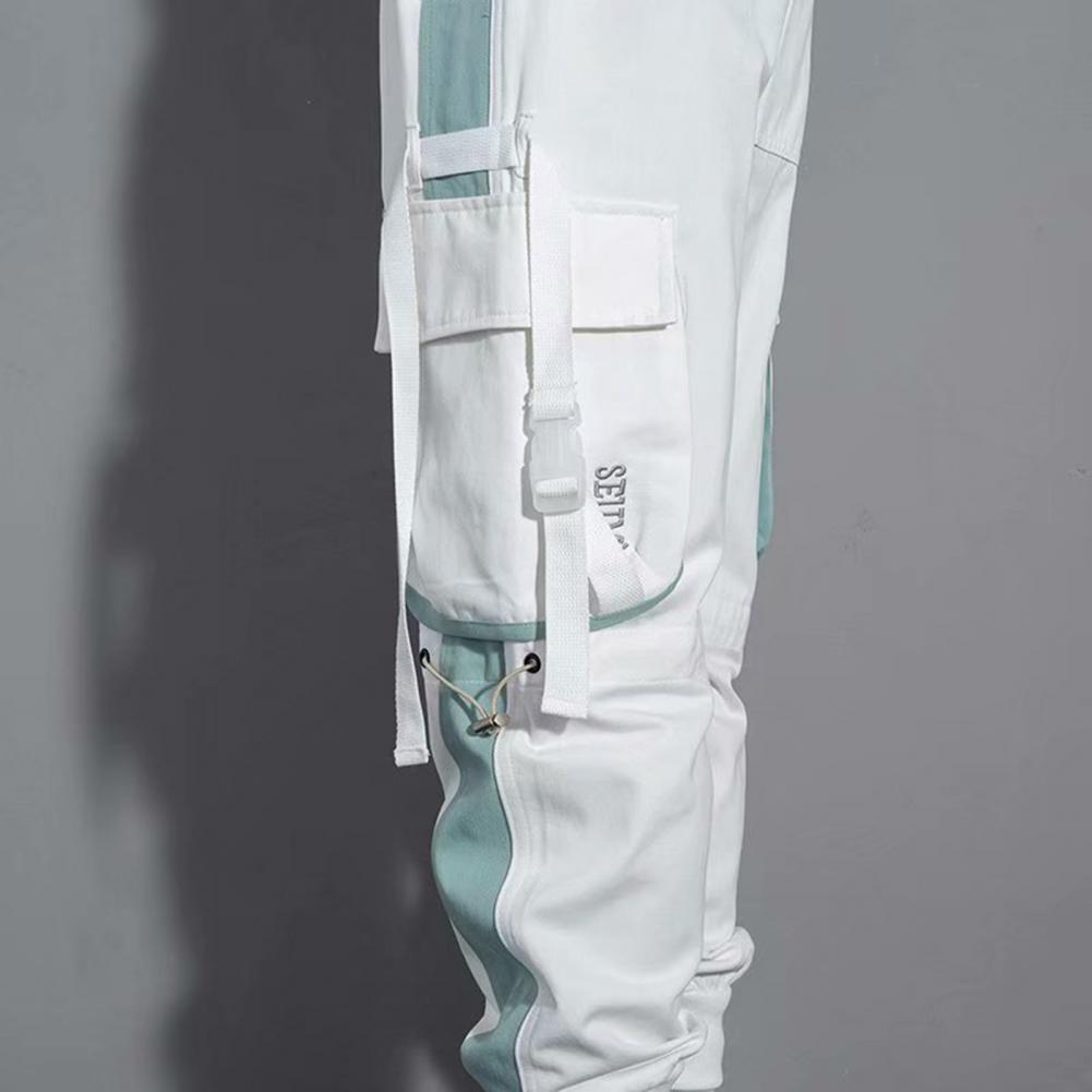 Men Cargo Pants Strap Decor Multi Pockets Loose Elastic Waist Ankle-banded Color Matching Hip Hop Streetwear Work Outdoor Trouse