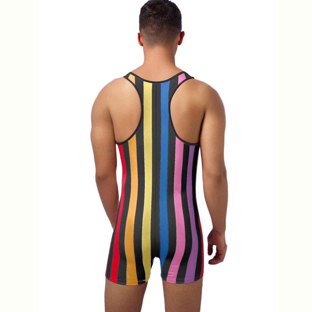 Mens Striped Wrestling Singlet Sleeveless Slim Fit Bodybuilding Gym Sports Bodysuit Romper
