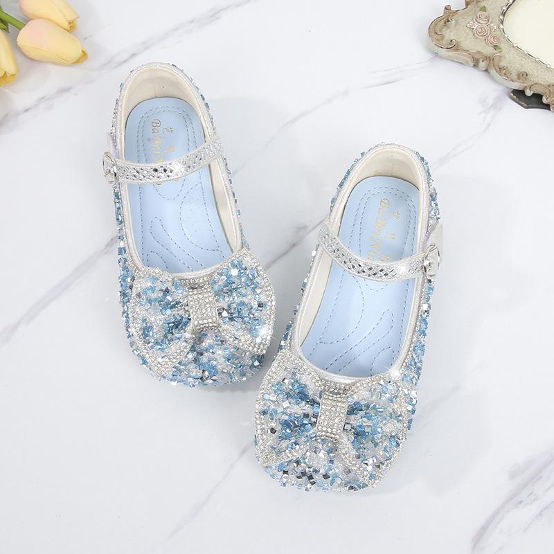 

Летние туфли принцессы из кожи для девочек 2024 - Дизайн Эльзы в корейском стиле, удобные для учениц начальной и средней школы Size 29, Length 18.00 cm синий