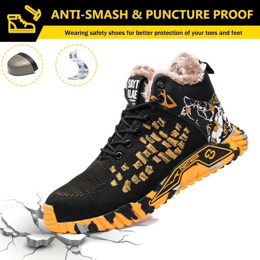 Winter Boots Men Shoes Steel Toe Work Boots Keep Warm Fur Construction Safety Boots Puncture-Proof Thick Plush Work Sneakers