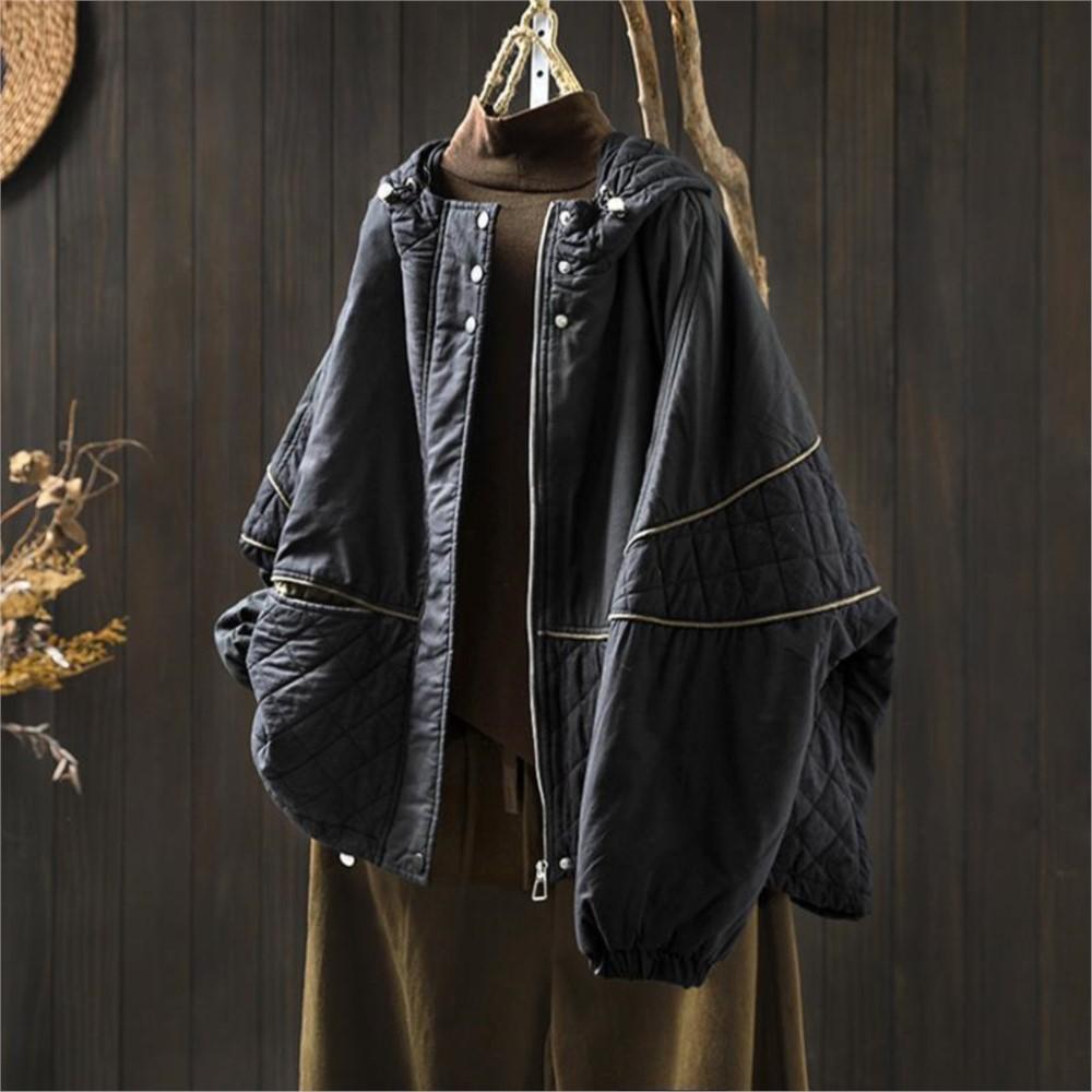 Johnature Women Vintage Hooded Patchwork Zipper Solid Color Winter Warm Long Sleeve Coats Female Casual Coats