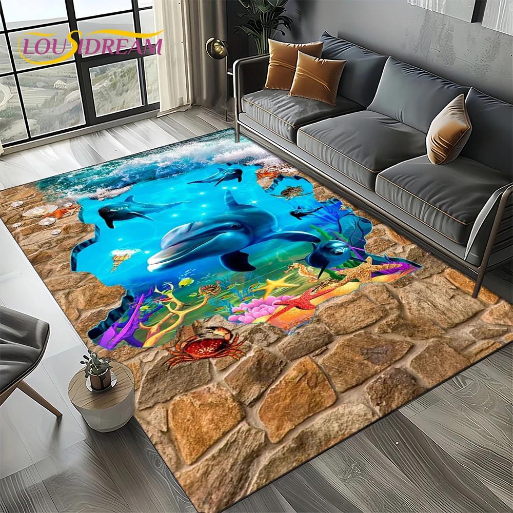 Underwater World 3D Illusion Seabed Cartoon Shark Dolphin Carpet Rug for Living Room Bedroom Home Sofa Decoration,Floor Mat Kid