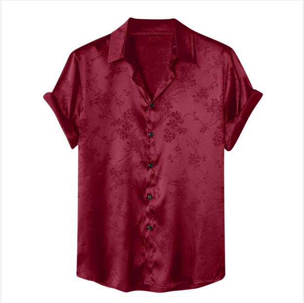 Men s European & American Satin Jacquard Short-Sleeve Shirt 2025 Fashion M вино красного