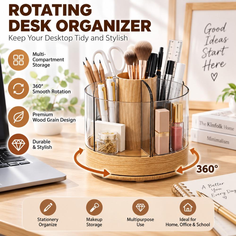 360 Rotating Rotating Makeup Organizer Woodgrain Cosmetics Storage Box  Home Organization