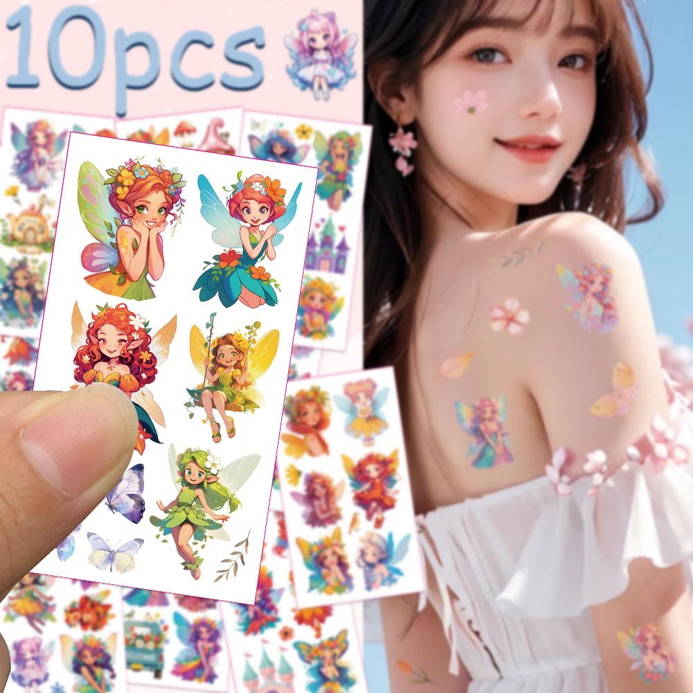 10sheets Colorful Flower Fairy Tattoo Stickers For Face Arm Body Temporary Decorative Tattoo Stickers Girls Creative Gifts