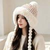 Fur Brim Pompom Braids Hat Striped Knit Earflap Winter Cap Fleece Knit Beanie  Teens