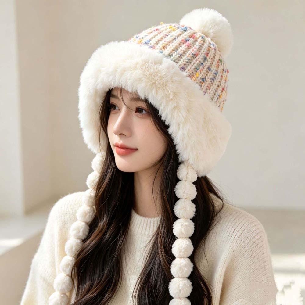 Fur Brim Pompom Braids Hat Striped Knit Earflap Winter Cap Fleece Knit Beanie Teens