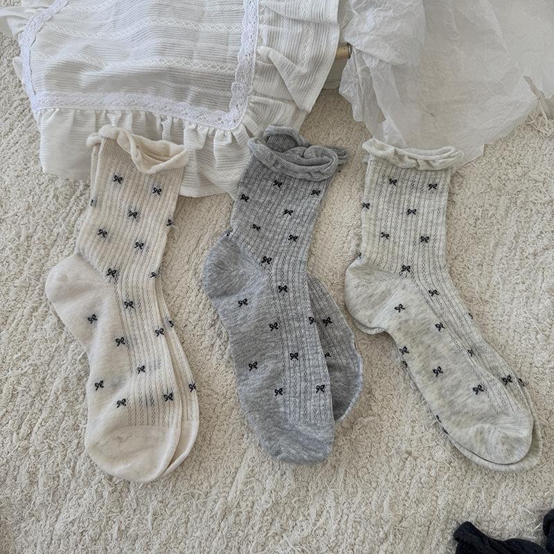 Summer Socks Boneless Stitched Cotton Socks Hollow Bow Thin Breathable Mid-High Thin Cotton Socks